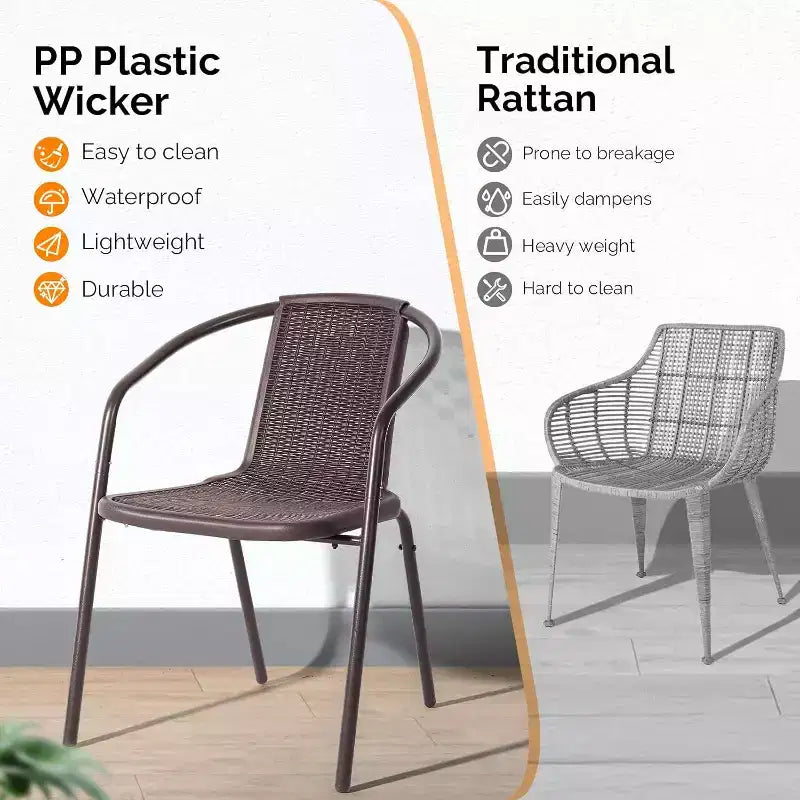 VINGLI Set di 1 sedia da pranzo da esterno in rattan, sedie da patio impilabili in plastica PE resistente con schienale comodo per portico, giardino, marrone