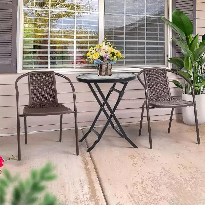 VINGLI Set di 1 sedia da pranzo da esterno in rattan, sedie da patio impilabili in plastica PE resistente con schienale comodo per portico, giardino, marrone