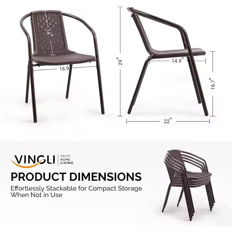 VINGLI Lot de 2 chaises de salle à manger d'extérieur en rotin, chaises de terrasse empilables en plastique PE durable avec dossier confortable pour véranda, jardin, marron