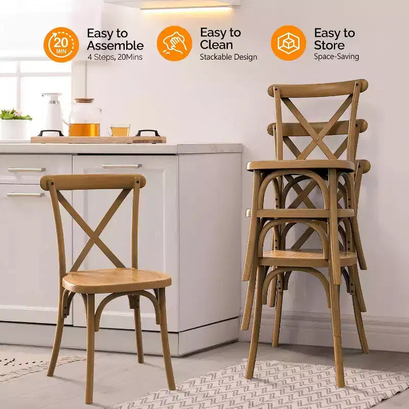 VINGLI Set di 2 Sedie da Esterno in Plastica, Sedie da Pranzo Impilabili da Giardino con Schienale a X, Sedie da Cucina e Sala da Pranzo Impermeabili, Marrone Stile Fattoria