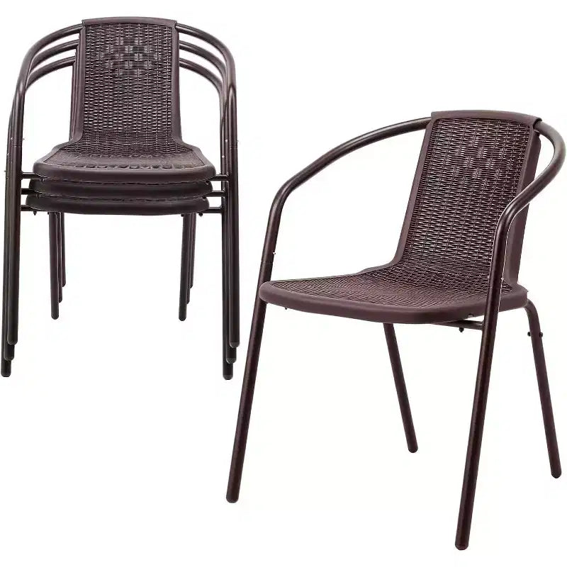VINGLI Stackable Outdoor Chair Set of 4, Rattan Plastic Chair, Woven Rattan Cushion, Suitable for Backyard, Patio, Brown