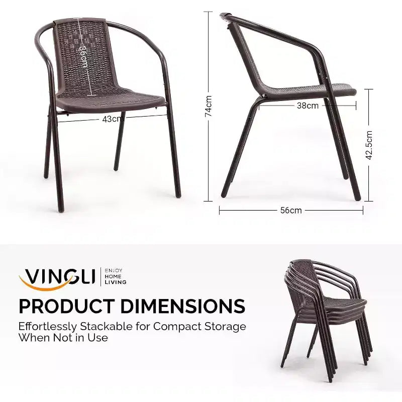 Set di 4 sedie impilabili da esterno VINGLI, sedie in plastica effetto rattan, cuscino intrecciato in rattan, adatte per giardino e patio, marrone
