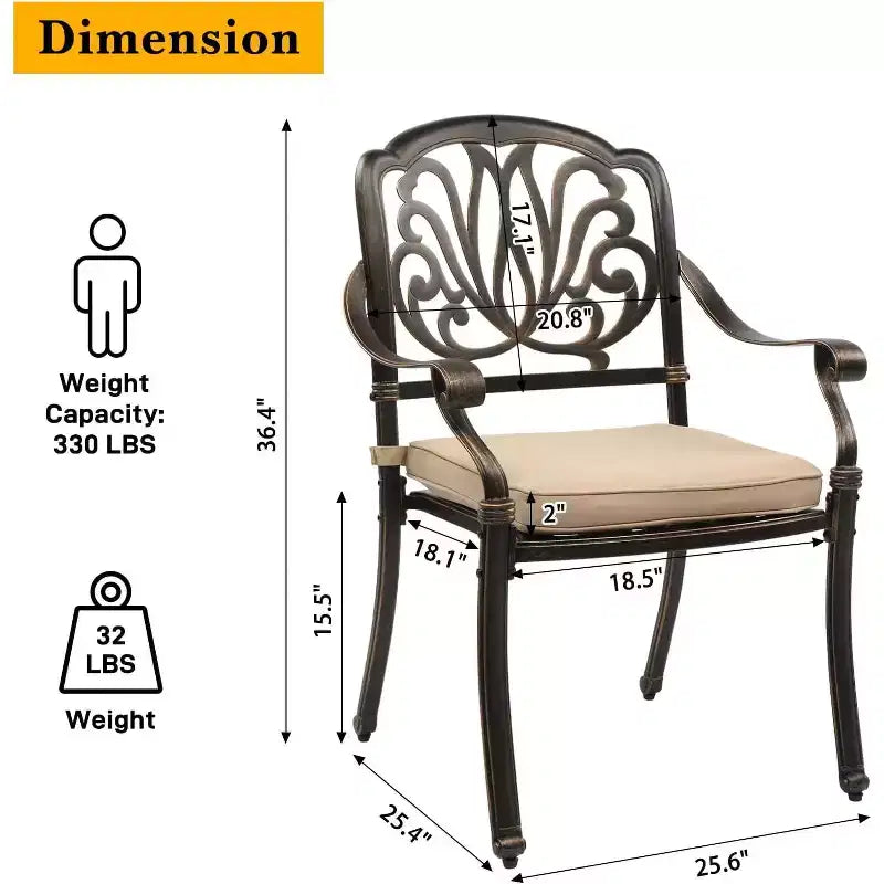 VINGLI Chaises de salle à manger d'extérieur (lot de 2) avec coussin Chaises de patio en aluminium, Meubles de patio en aluminium moulé Chaises d'extérieur en aluminium pour jardin, bord de piscine