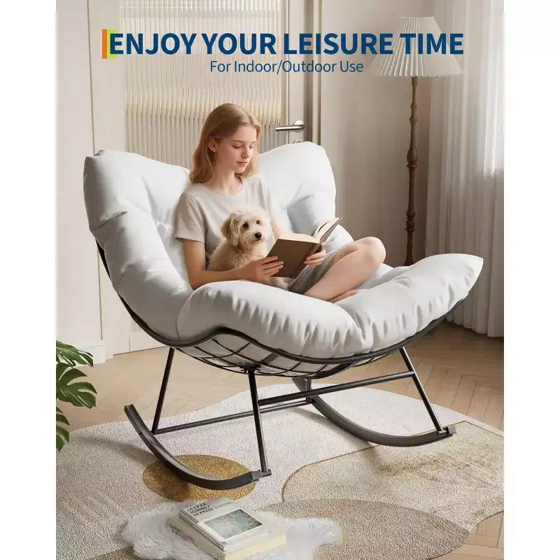 COZONY Poltrona a dondolo Papasan da esterno oversize – Robusta struttura in metallo, sedia a dondolo a uovo in rattan, poltrona relax per balcone, cortile, portico, camera da letto
