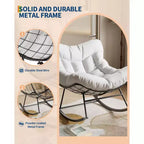 COZONY Poltrona a dondolo Papasan da esterno oversize – Robusta struttura in metallo, sedia a dondolo a uovo in rattan, poltrona relax per balcone, cortile, portico, camera da letto