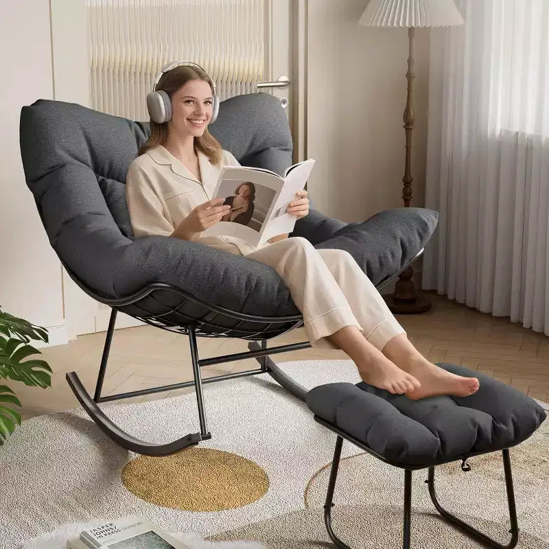 COZONY Poltrona a dondolo Papasan da esterno oversize – Robusta struttura in metallo, sedia a dondolo a uovo in rattan, poltrona relax per balcone, cortile, portico, camera da letto