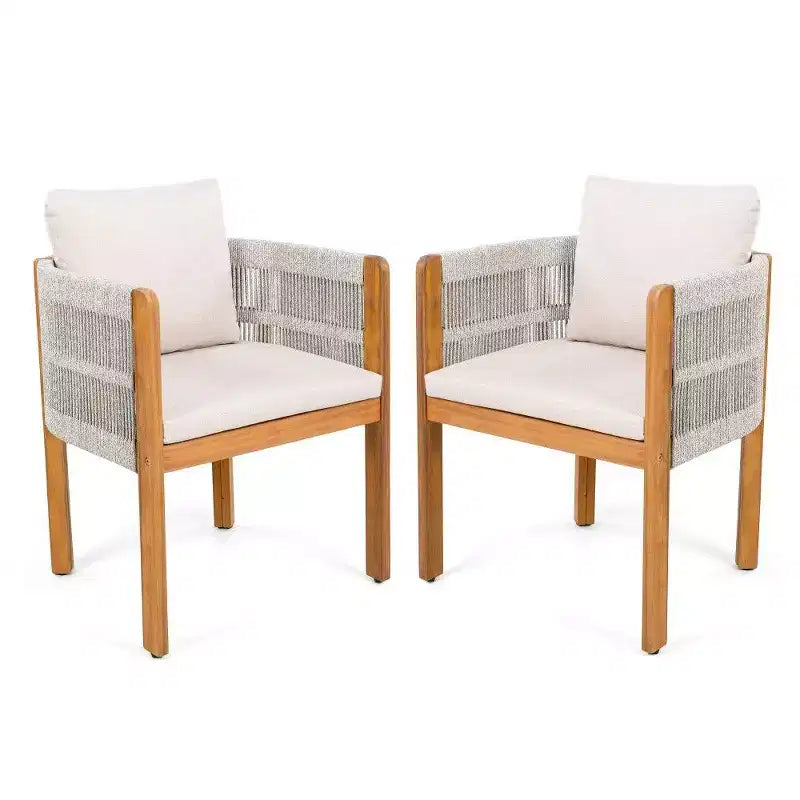 TUYOHW Set di 2 Sedie da Pranzo da Esterno in Legno di Acacia, Sedie da Patio in Corda con Manici e Cuscini Lavabili per Giardino, Portico, Capacità 180 kg