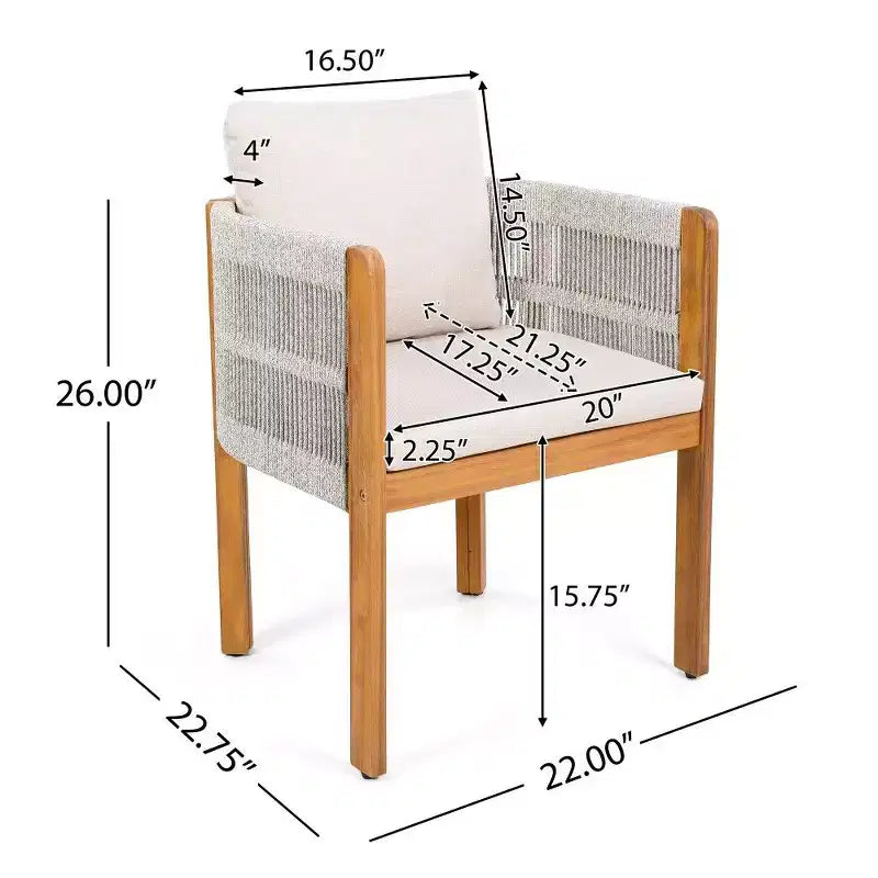 TUYOHW Set di 2 Sedie da Pranzo da Esterno in Legno di Acacia, Sedie da Patio in Corda con Manici e Cuscini Lavabili per Giardino, Portico, Capacità 180 kg