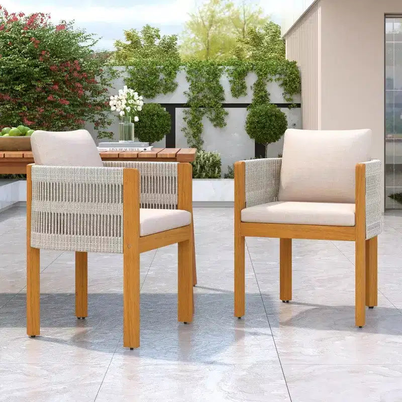 TUYOHW Set di 2 Sedie da Pranzo da Esterno in Legno di Acacia, Sedie da Patio in Corda con Manici e Cuscini Lavabili per Giardino, Portico, Capacità 180 kg