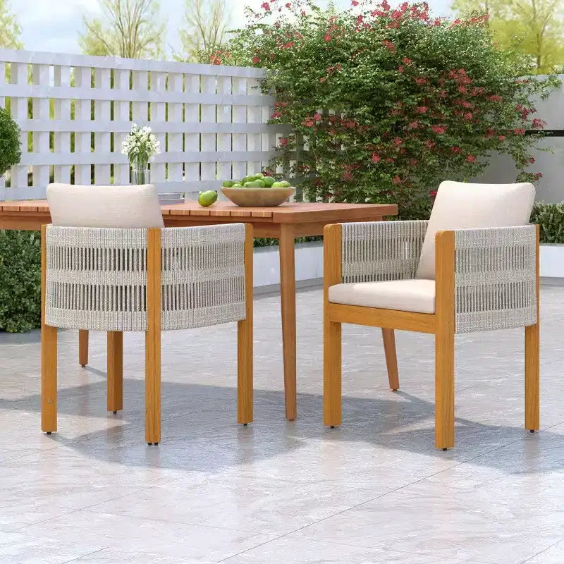 TUYOHW Set di 2 Sedie da Pranzo da Esterno in Legno di Acacia, Sedie da Patio in Corda con Manici e Cuscini Lavabili per Giardino, Portico, Capacità 180 kg