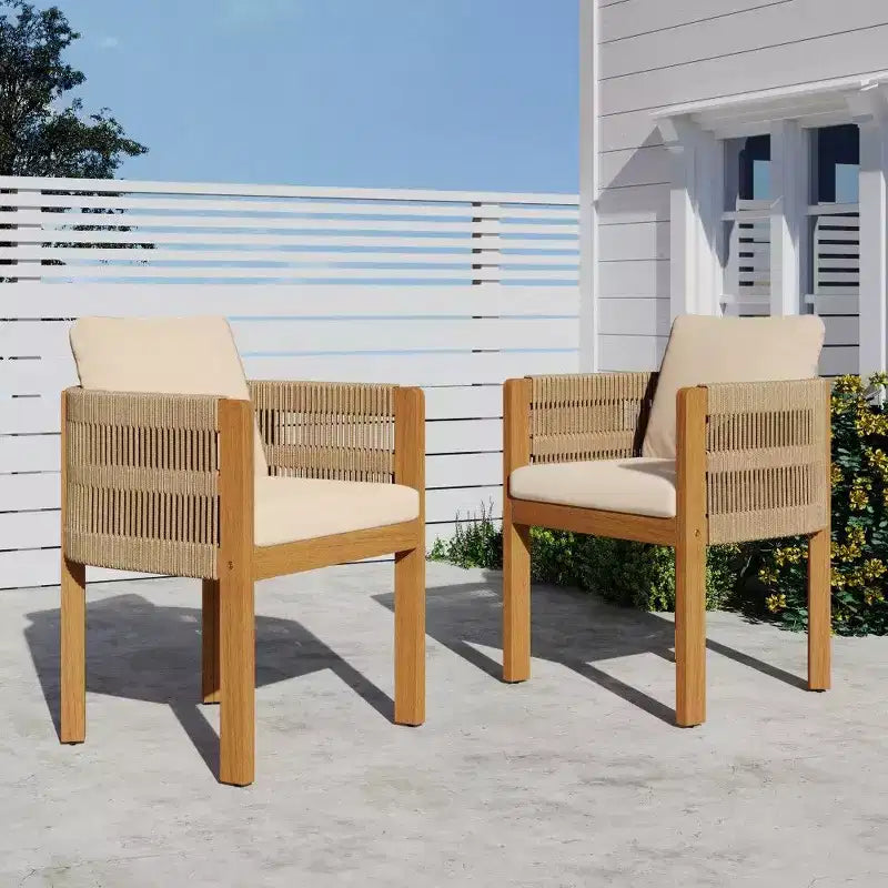 TUYOHW Set di 2 Sedie da Pranzo da Esterno in Legno di Acacia, Sedie da Patio in Corda con Manici e Cuscini Lavabili per Giardino, Portico, Capacità 180 kg