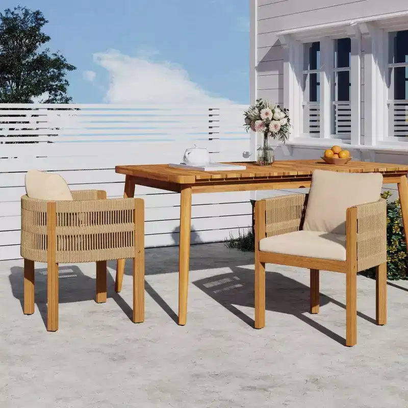 TUYOHW Set di 2 Sedie da Pranzo da Esterno in Legno di Acacia, Sedie da Patio in Corda con Manici e Cuscini Lavabili per Giardino, Portico, Capacità 180 kg