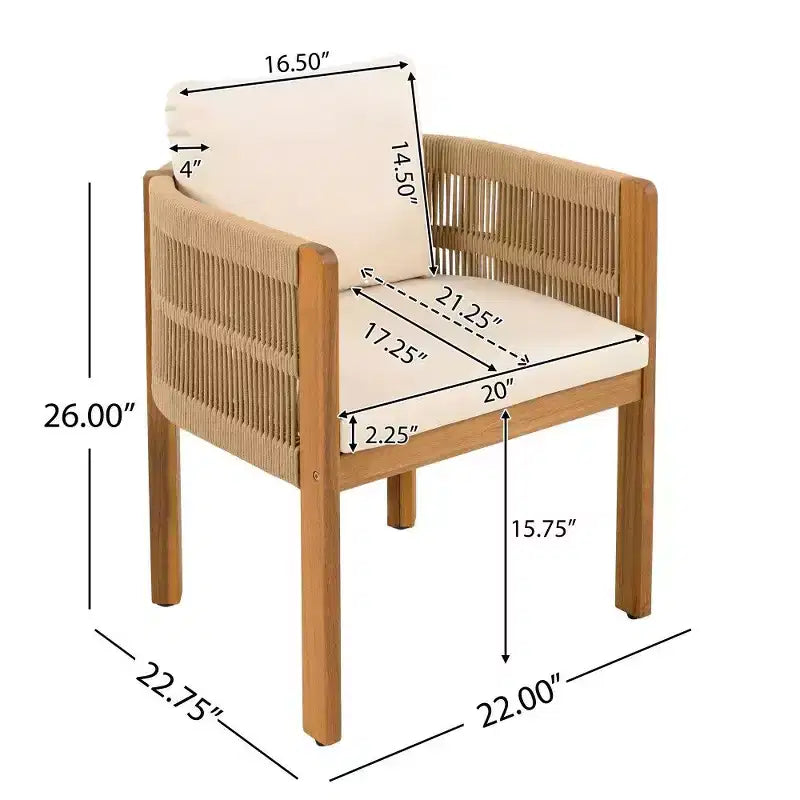 TUYOHW Set di 2 Sedie da Pranzo da Esterno in Legno di Acacia, Sedie da Patio in Corda con Manici e Cuscini Lavabili per Giardino, Portico, Capacità 180 kg