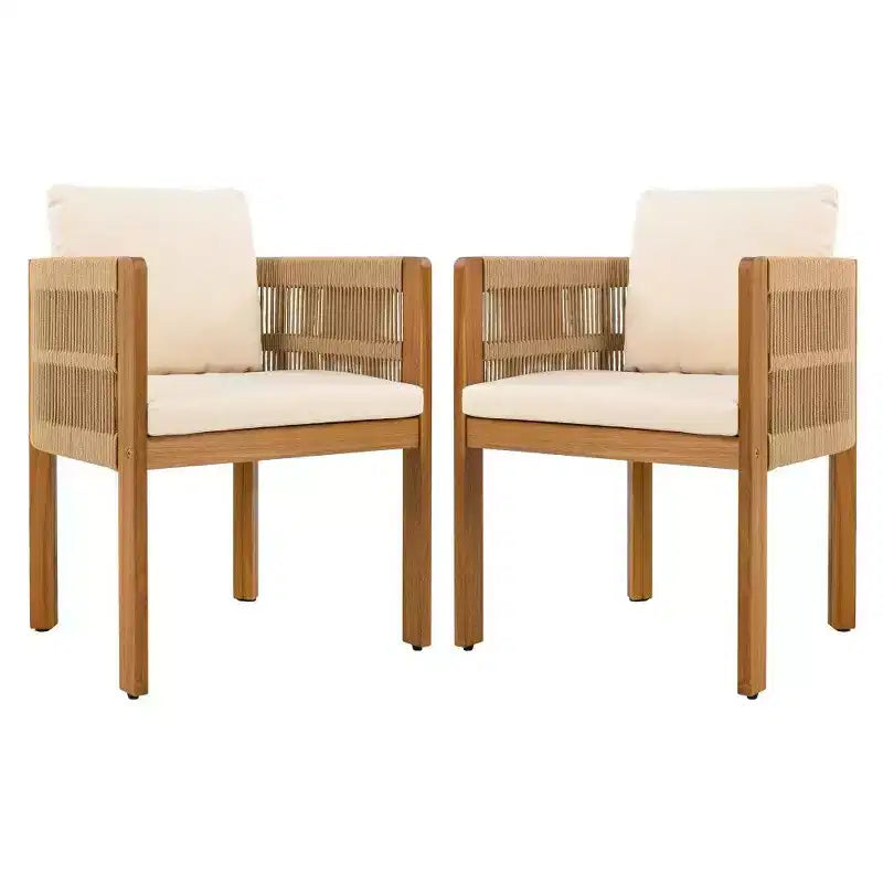 TUYOHW Set di 2 Sedie da Pranzo da Esterno in Legno di Acacia, Sedie da Patio in Corda con Manici e Cuscini Lavabili per Giardino, Portico, Capacità 180 kg