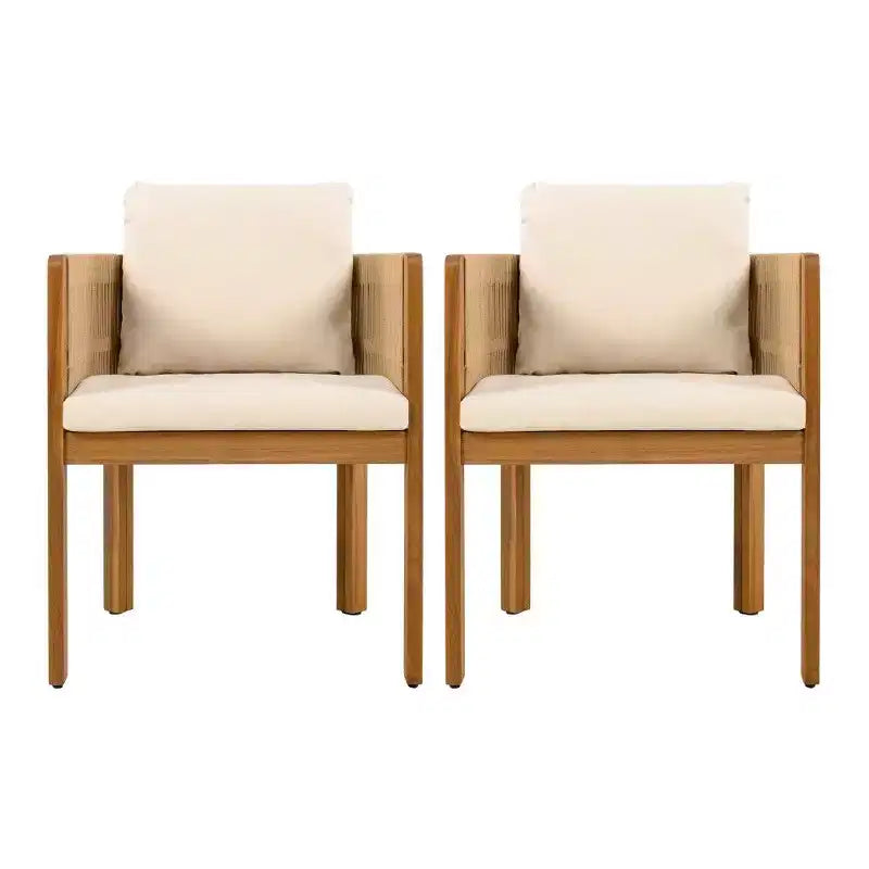 TUYOHW Acacia Wood Outdoor Dining Chairs Set of 2,Patio Chairs Rope with Handles & Washable Cushions for Backyard,Garden,400lb Capacity