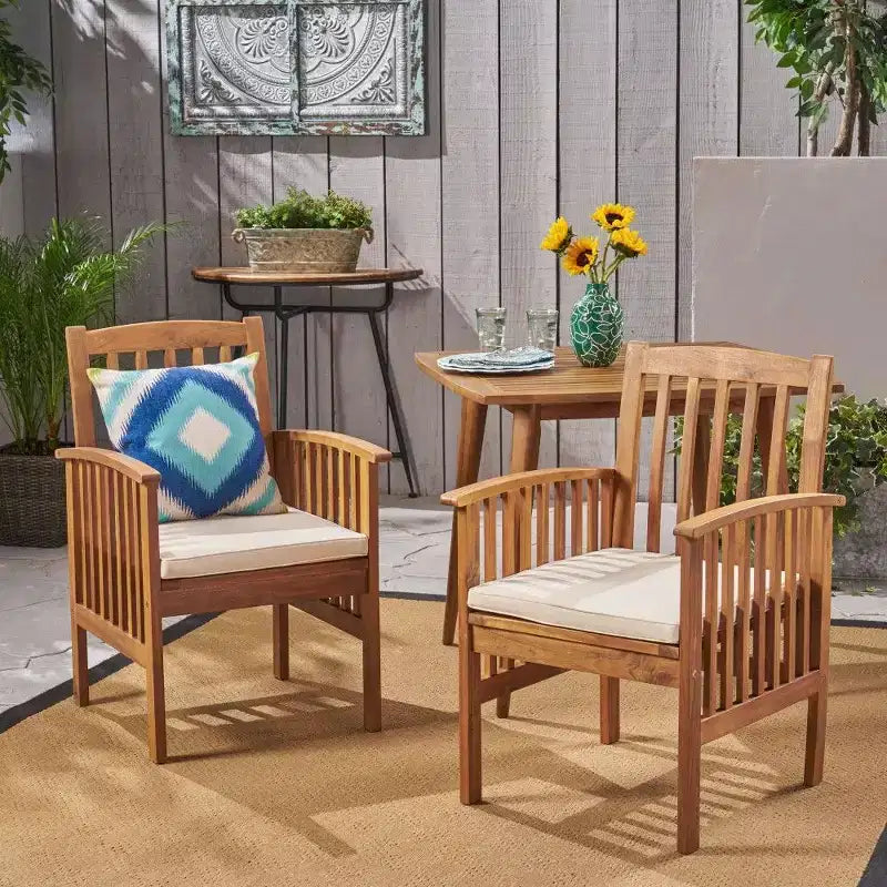 TUYOHW Lot de 2 chaises de salle à manger de patio en bois d'acacia, chaises de patio extérieures avec coussins résistants à l'eau pour cour arrière, jardin, bord de piscine