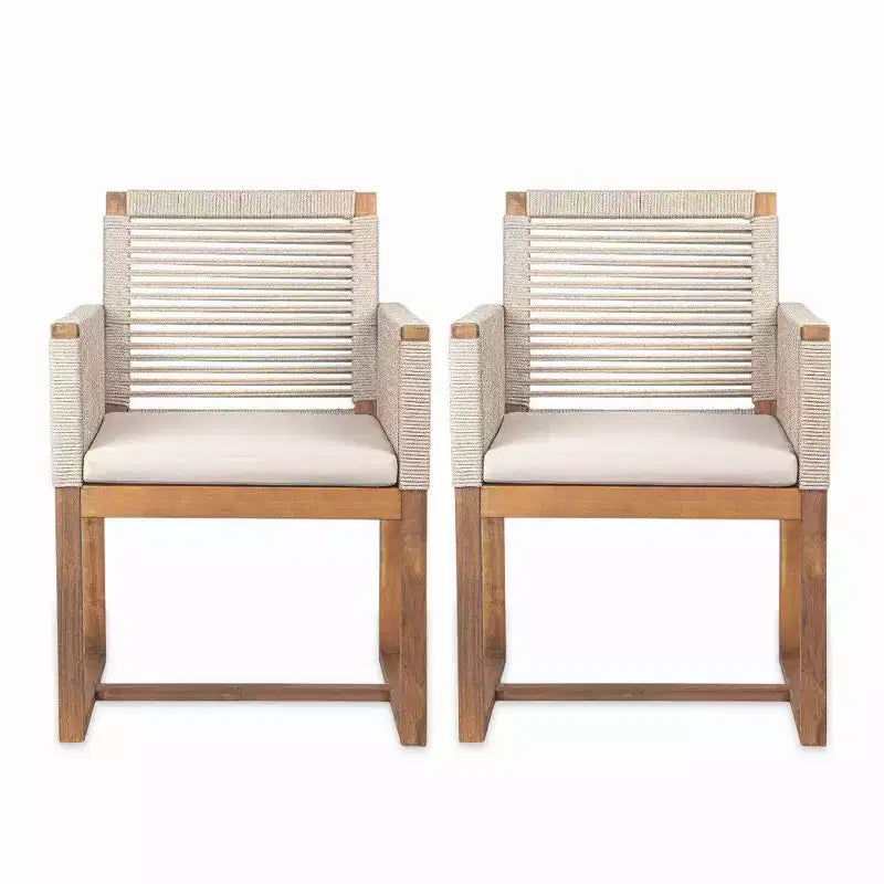 TUYOHW Acacia Wood Outdoor Dining Chairs Set of 2,Rope Design Back Patio Armchairs with Washable Cushions,400lb Capacity,Light Brown