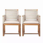TUYOHW Acacia Wood Outdoor Dining Chairs Set of 2,Rope Design Back Patio Armchairs with Washable Cushions,400lb Capacity,Light Brown