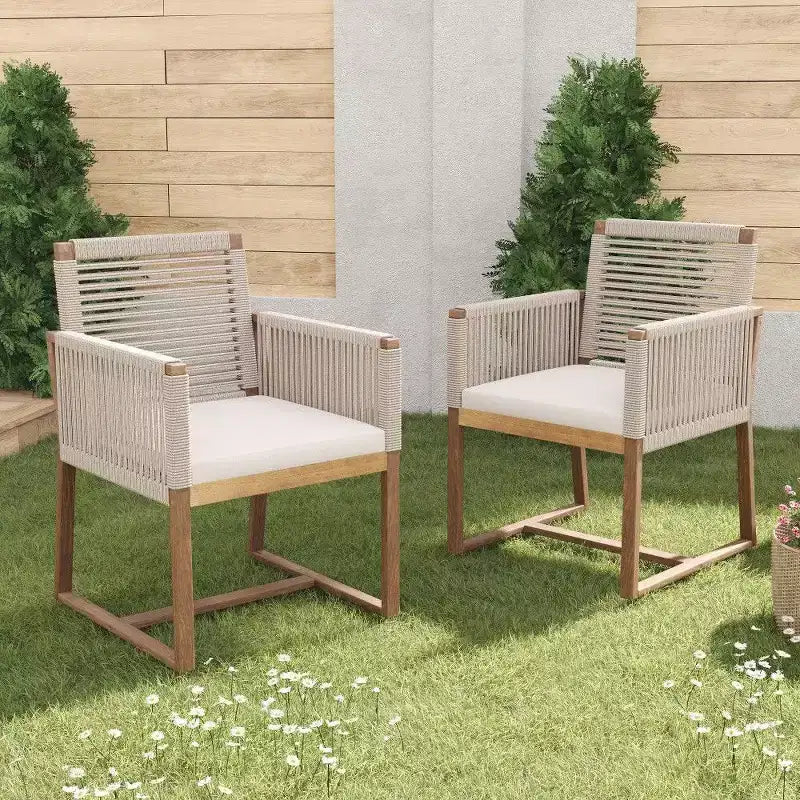 TUYOHW Set di 2 Sedie da Pranzo da Esterno in Legno di Acacia, Poltroncine da Patio con Schienale in Corda e Cuscini Lavabili, Capacità 180 kg, Marrone Chiaro