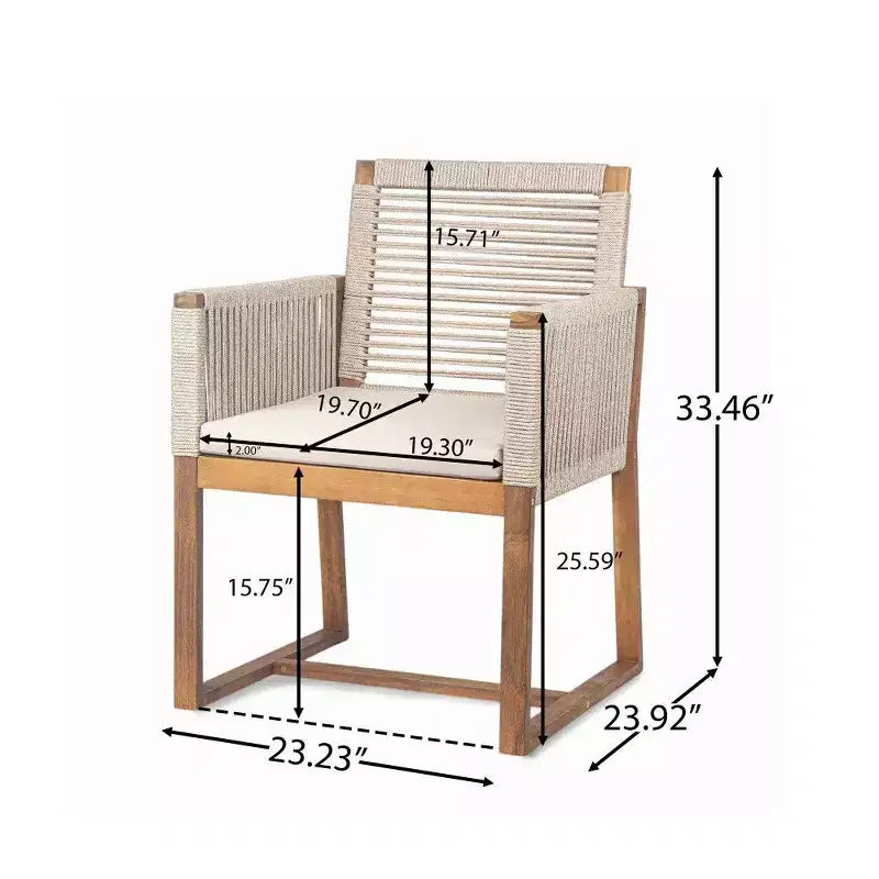 TUYOHW Set di 2 Sedie da Pranzo da Esterno in Legno di Acacia, Poltroncine da Patio con Schienale in Corda e Cuscini Lavabili, Capacità 180 kg, Marrone Chiaro