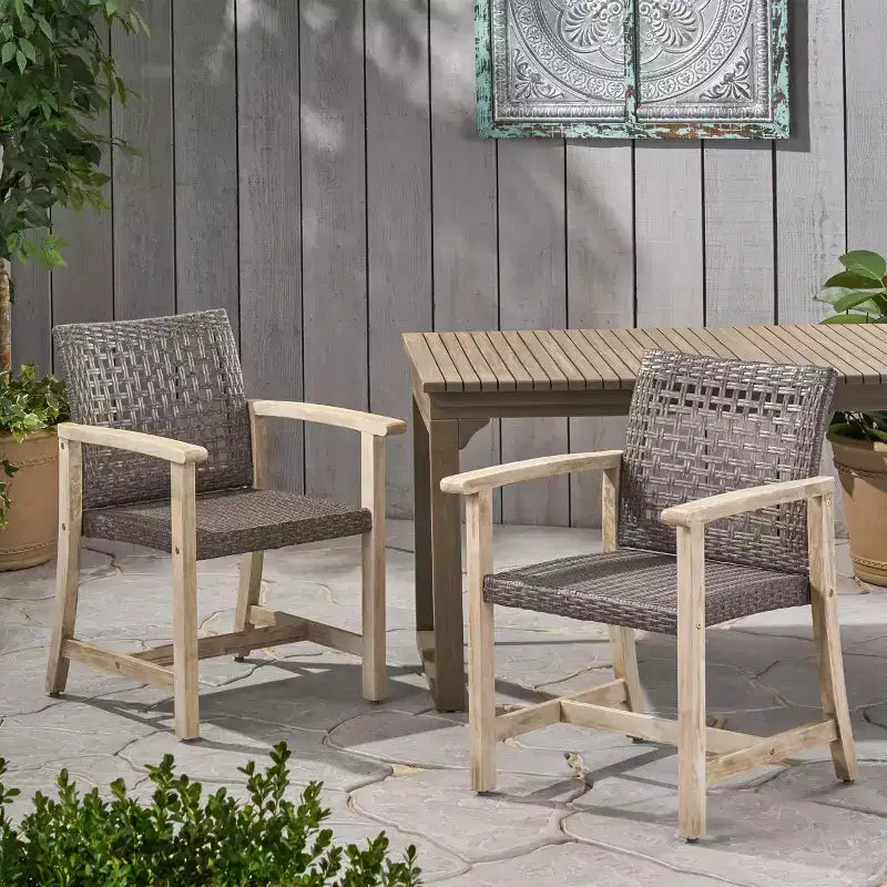 TUYOHW Set di 2 Sedie da Pranzo da Esterno con Struttura in Legno di Acacia, Sedie da Pranzo da Esterno in Rattan, Sedie da Giardino per Patio, Balcone, Capacità di 180 kg