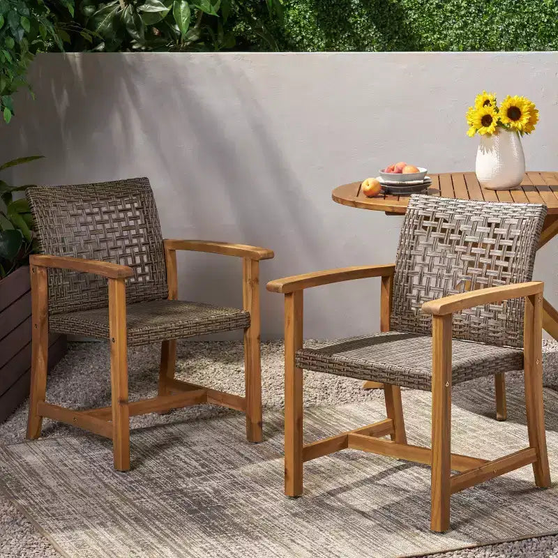 TUYOHW Set di 2 Sedie da Pranzo da Esterno con Struttura in Legno di Acacia, Sedie da Pranzo da Esterno in Rattan, Sedie da Giardino per Patio, Balcone, Capacità di 180 kg
