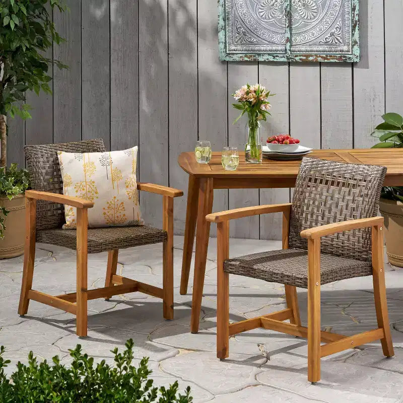 TUYOHW Set di 2 Sedie da Pranzo da Esterno con Struttura in Legno di Acacia, Sedie da Pranzo da Esterno in Rattan, Sedie da Giardino per Patio, Balcone, Capacità di 180 kg