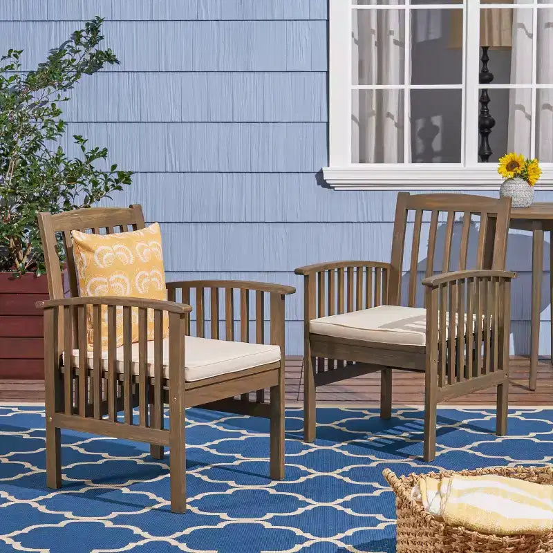 Chaise de salle à manger d'extérieur TUYOHW, lot de 2, chaises de salle à manger en bois d'acacia avec coussins résistants à l'eau, chaises de patio pour jardin, balcon, bord de piscine