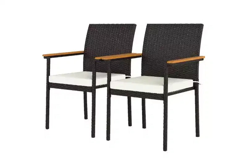 TUYOHW Set di 2 Sedie da Pranzo da Esterno in Rattan, Sedie da Patio con Cuscino Rimovibile e Braccioli in Legno di Acacia, Sedie da Patio per Giardino, Balcone