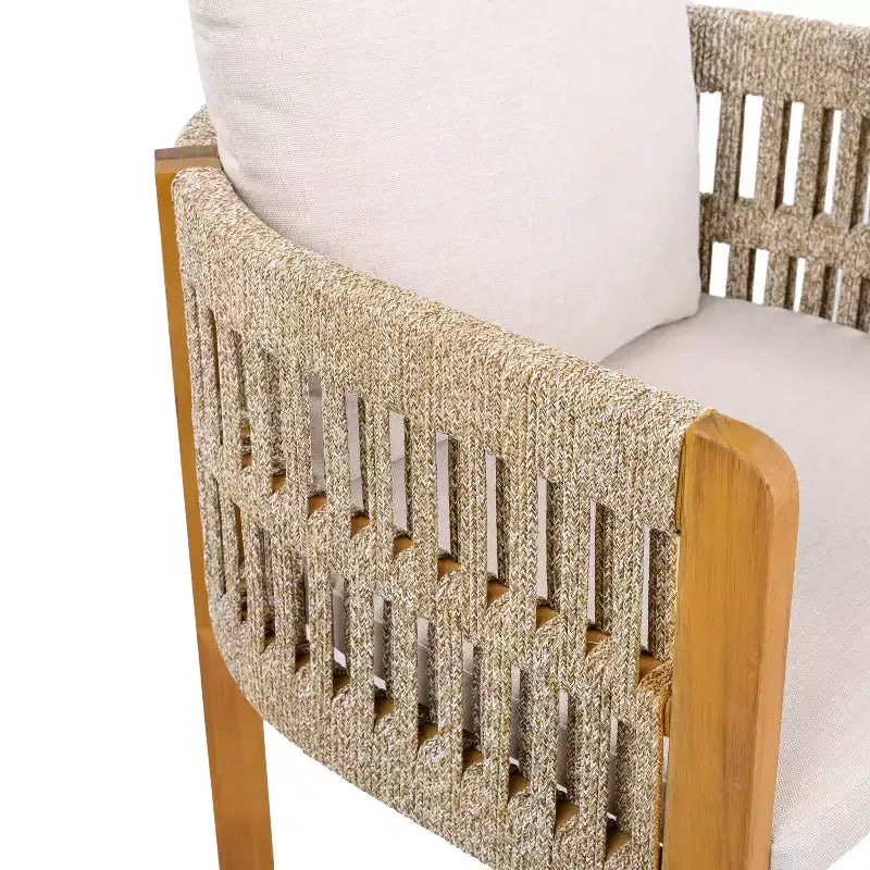 Set di 2 sedie da pranzo per esterni, in legno di acacia, con braccioli rivestiti in corda e cuscini impermeabili e lavabili - ModernLuxe