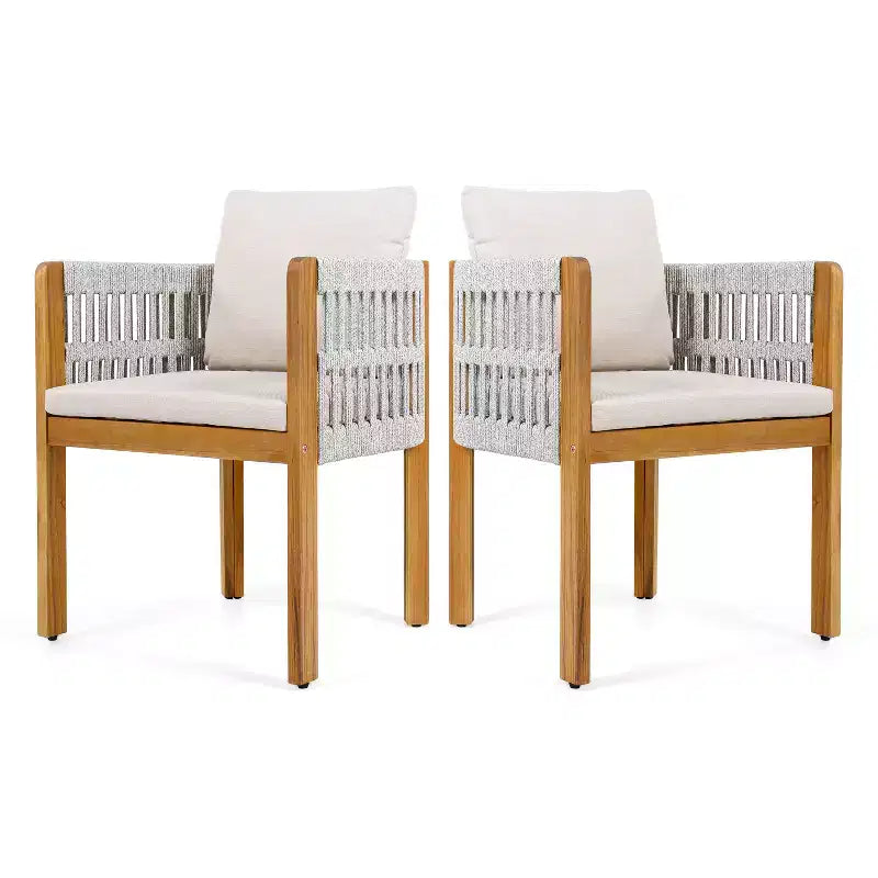 Set di 2 sedie da pranzo per esterni, in legno di acacia, con braccioli rivestiti in corda e cuscini impermeabili e lavabili - ModernLuxe