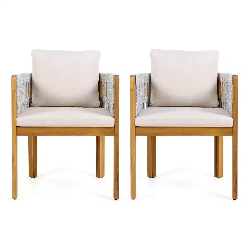 Set di 2 sedie da pranzo per esterni, in legno di acacia, con braccioli rivestiti in corda e cuscini impermeabili e lavabili - ModernLuxe