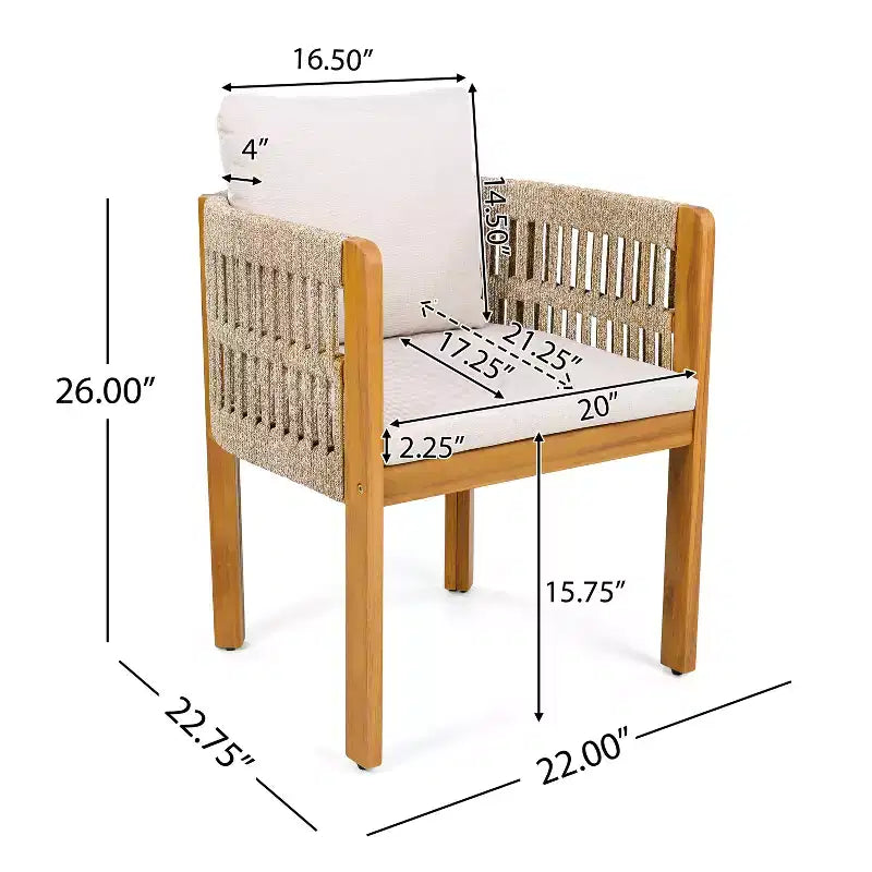 Set di 2 sedie da pranzo per esterni, in legno di acacia, con braccioli rivestiti in corda e cuscini impermeabili e lavabili - ModernLuxe