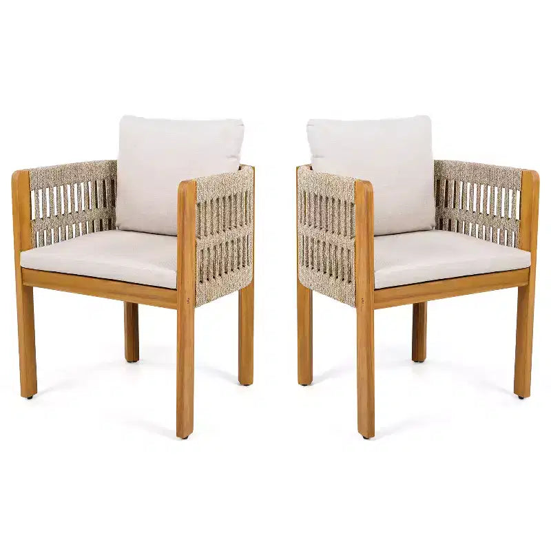 Set di 2 sedie da pranzo per esterni, in legno di acacia, con braccioli rivestiti in corda e cuscini impermeabili e lavabili - ModernLuxe