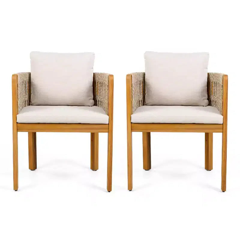 Set di 2 sedie da pranzo per esterni, in legno di acacia, con braccioli rivestiti in corda e cuscini impermeabili e lavabili - ModernLuxe
