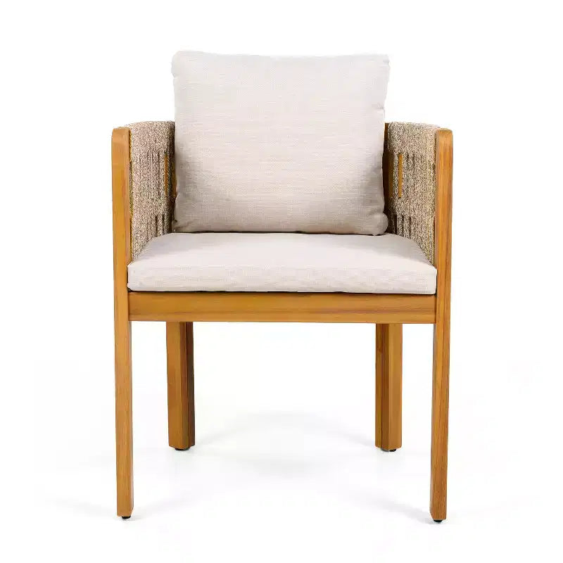 Set di 2 sedie da pranzo per esterni, in legno di acacia, con braccioli rivestiti in corda e cuscini impermeabili e lavabili - ModernLuxe
