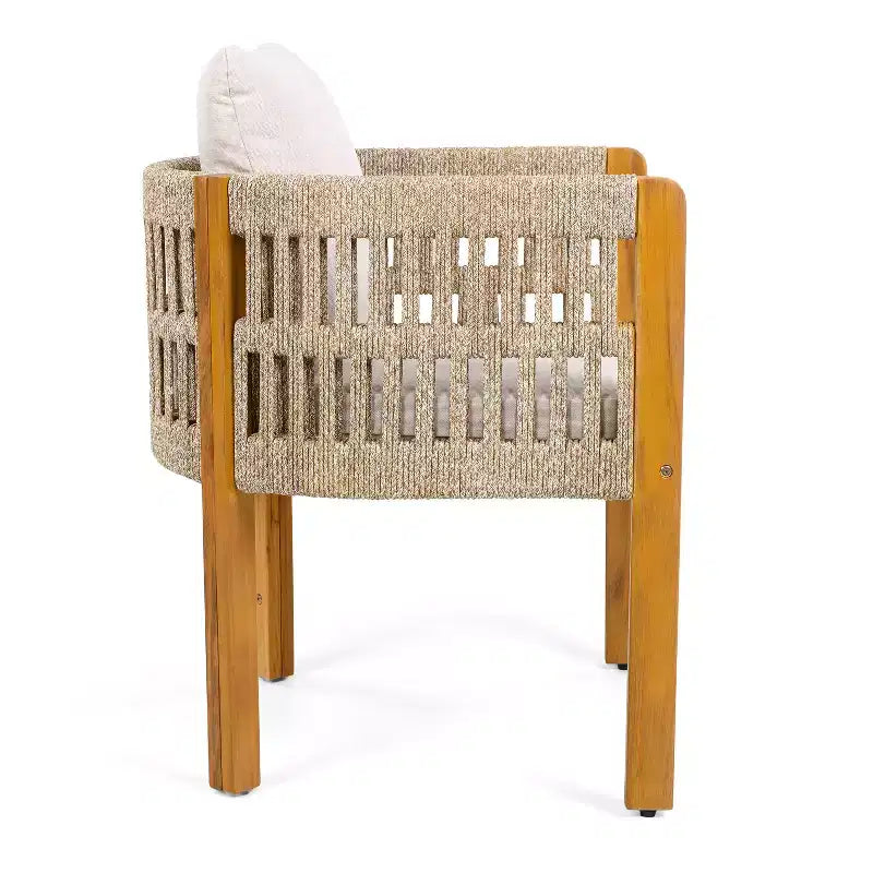 Set di 2 sedie da pranzo per esterni, in legno di acacia, con braccioli rivestiti in corda e cuscini impermeabili e lavabili - ModernLuxe