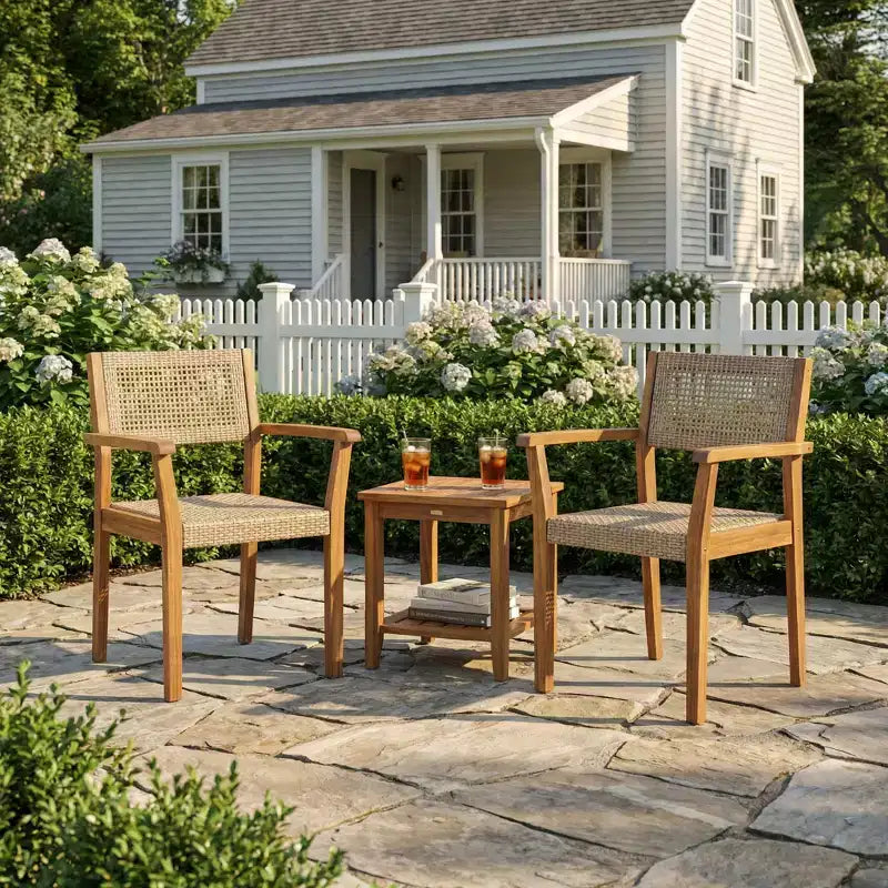 Set of 2 Outdoor Dining Chairs Ergonomic Patio Chairs Weather-Resistant Armchair, Acacia Wood & Wicker, Teak - ModernLuxe