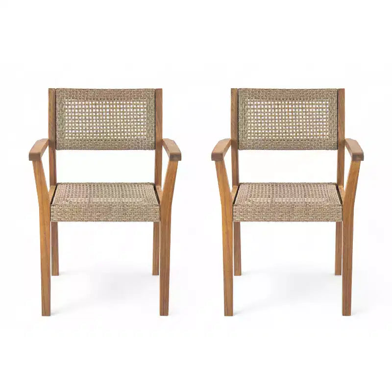 Set di 2 sedie da pranzo per esterni, sedie ergonomiche da giardino, poltrona resistente alle intemperie, legno di acacia e vimini, teak - ModernLuxe