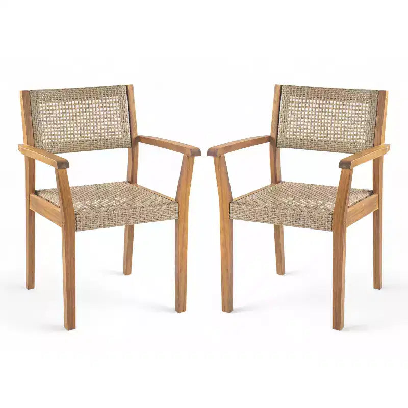 Set di 2 sedie da pranzo per esterni, sedie ergonomiche da giardino, poltrona resistente alle intemperie, legno di acacia e vimini, teak - ModernLuxe