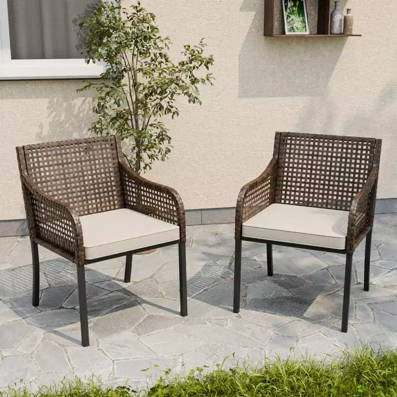 EAGLE PEAK Outdoor Wicker Dining Chairs, Hand-Woven PE Rattan Armchairs with Removable Cushions, Brown/Beige