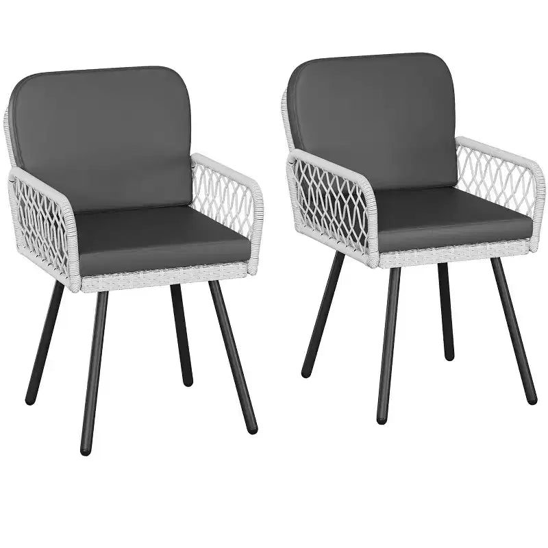 Patio Dining Chairs Set of 2, Black Metal Frame & White Hand-Woven Rattan, Porch Armchairs with Cushion for Garden, Balcony, Deck, Backyard