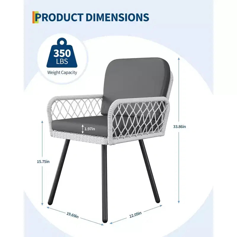 Set di 2 sedie da pranzo per esterni, telaio in metallo nero e rattan intrecciato a mano bianco, poltrone da portico con cuscino per giardino, balcone, terrazza, cortile