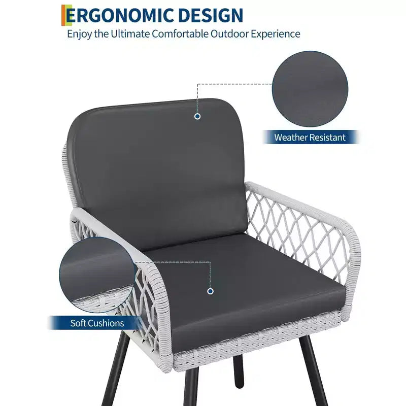 Set di 2 sedie da pranzo per esterni, telaio in metallo nero e rattan intrecciato a mano bianco, poltrone da portico con cuscino per giardino, balcone, terrazza, cortile