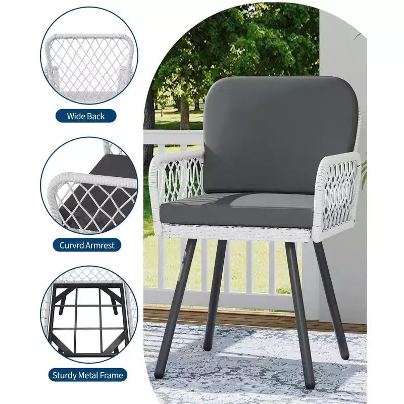 Set di 2 sedie da pranzo per esterni, telaio in metallo nero e rattan intrecciato a mano bianco, poltrone da portico con cuscino per giardino, balcone, terrazza, cortile