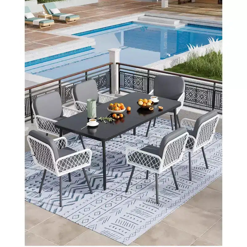Set di 2 sedie da pranzo per esterni, telaio in metallo nero e rattan intrecciato a mano bianco, poltrone da portico con cuscino per giardino, balcone, terrazza, cortile