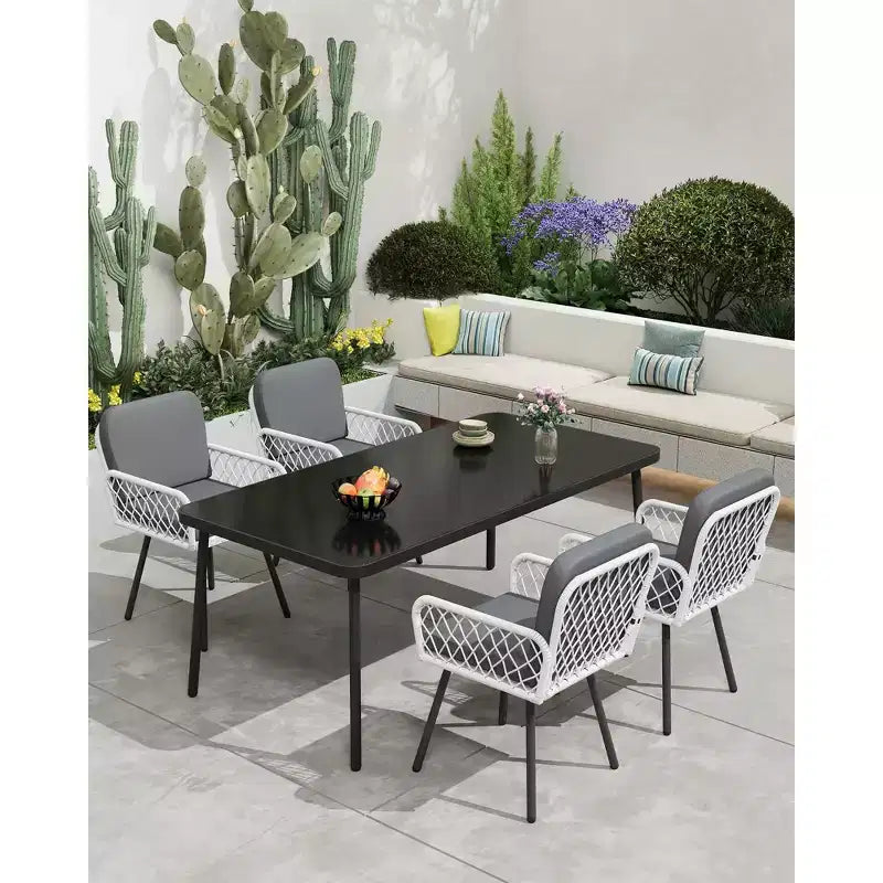 Set di 2 sedie da pranzo per esterni, telaio in metallo nero e rattan intrecciato a mano bianco, poltrone da portico con cuscino per giardino, balcone, terrazza, cortile
