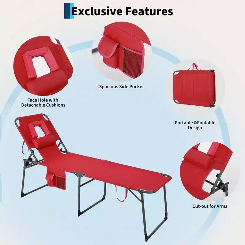 Sdraio Pieghevole con Foro Facciale 75 x 28, Poltrona Reclinabile Portatile, Schienale Regolabile in 5 Posizioni, Include Cuscino e Tasca Laterale per la Spiaggia
