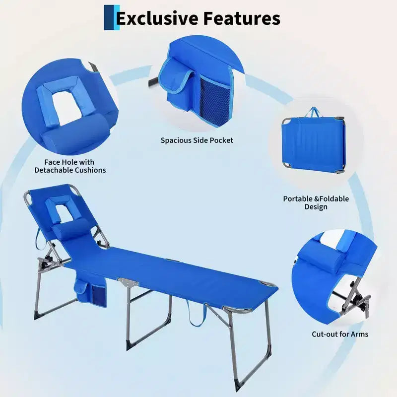 Sdraio Pieghevole con Foro Facciale 75 x 28, Poltrona Reclinabile Portatile, Schienale Regolabile in 5 Posizioni, Include Cuscino e Tasca Laterale per la Spiaggia