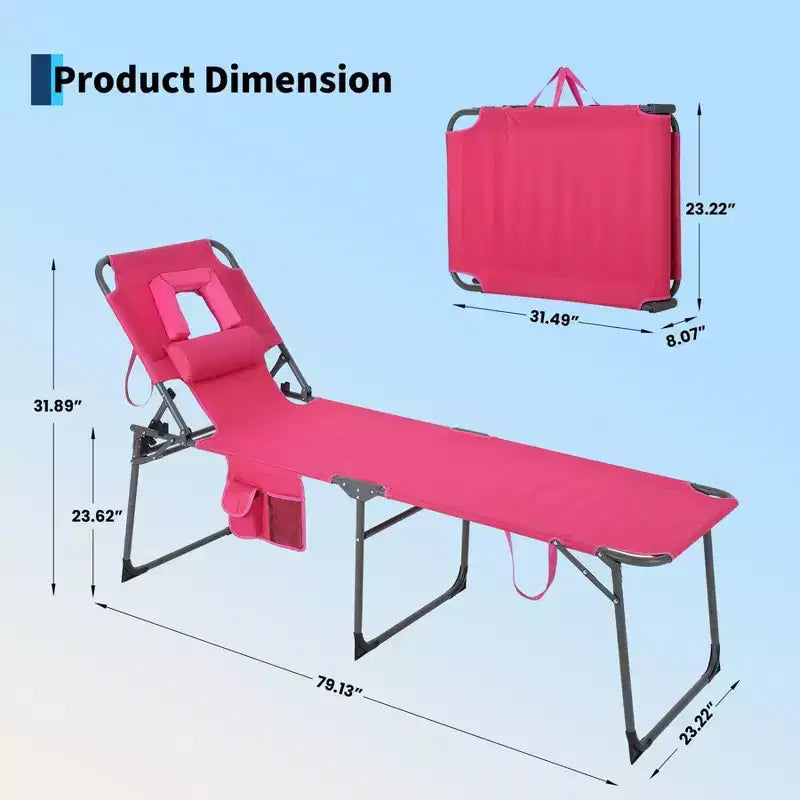 Sdraio Pieghevole con Foro Facciale 75 x 28, Poltrona Reclinabile Portatile, Schienale Regolabile in 5 Posizioni, Include Cuscino e Tasca Laterale per la Spiaggia